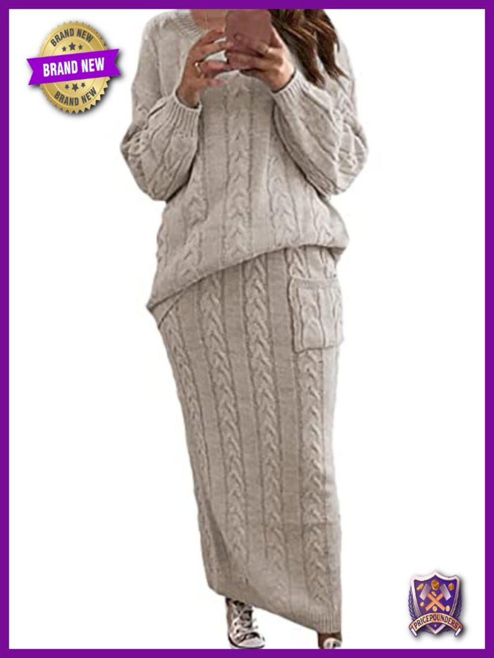 CHARTOU Women's Chunky Cable Knit Long Skirt 2 Piece Sweater Set